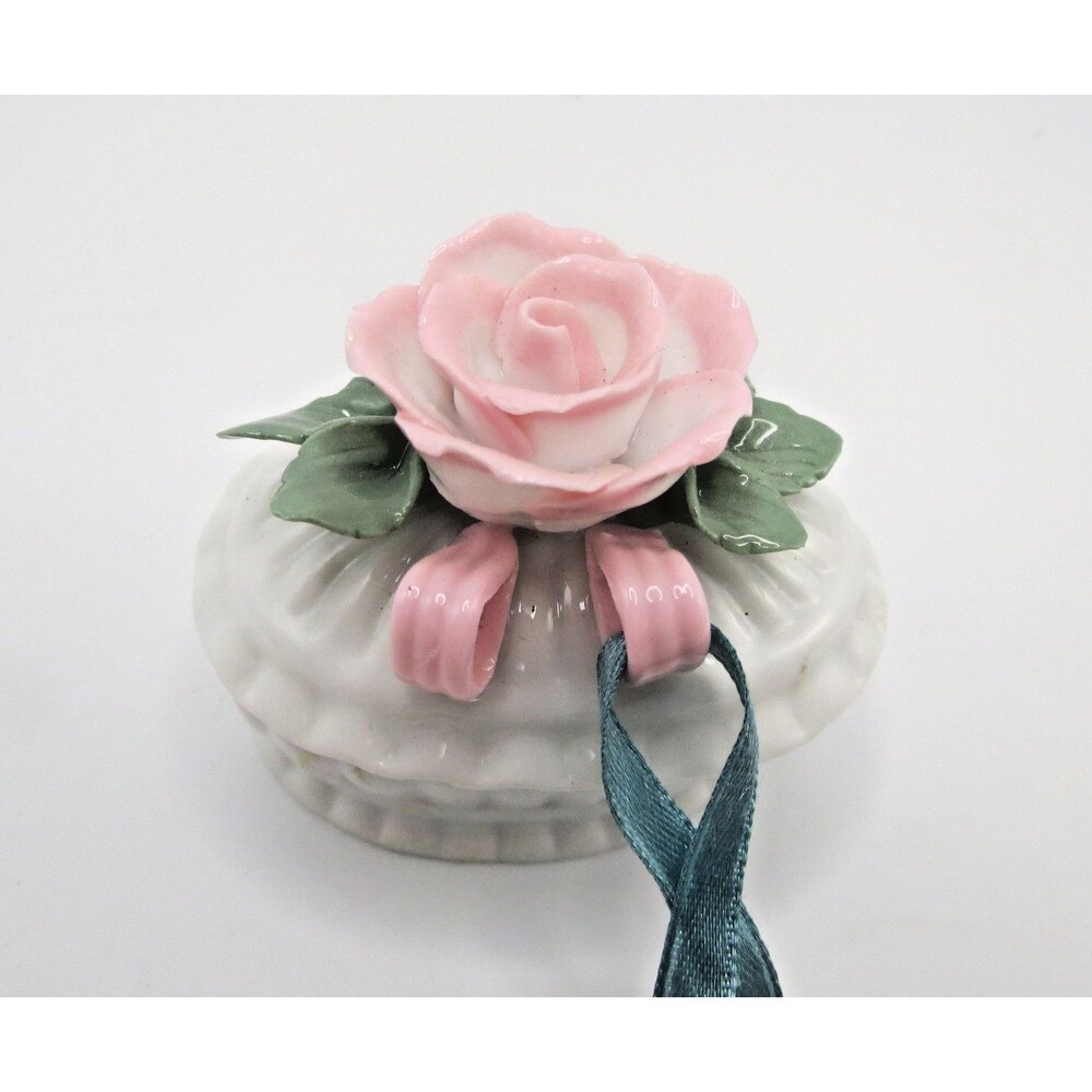 Unbranded Mini Porcelain Trinket Dish Grey Ribbed w/ Raised Rose